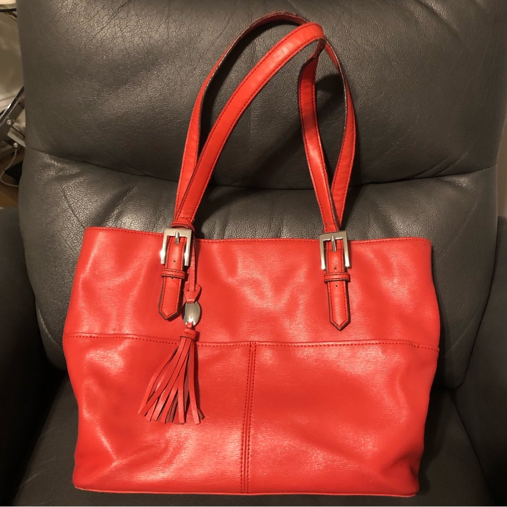 Coral Striped Tote Bag Pocketbook Purse - Picture 1 of 6